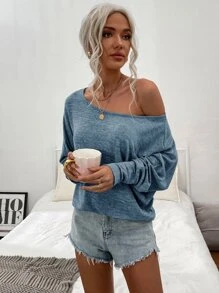 SHEIN LUNE Space Dye Boat Neck Batwing Sleeve Tee - Dusty Blue - View 3