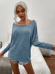 SHEIN LUNE Space Dye Boat Neck Batwing Sleeve Tee - Dusty Blue - View 4