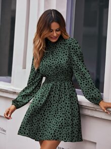 SHEIN LUNE All Over Print Shirred Waist Dress - Dark Green - View 5