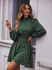 SHEIN LUNE All Over Print Shirred Waist Dress - Dark Green - View 6