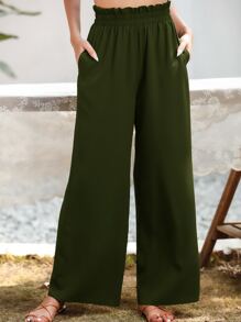 SHEIN Essnce Slant Pocket Wide Leg Trousers - Army Green - View 1
