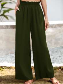 SHEIN Essnce Slant Pocket Wide Leg Trousers - Army Green - View 3