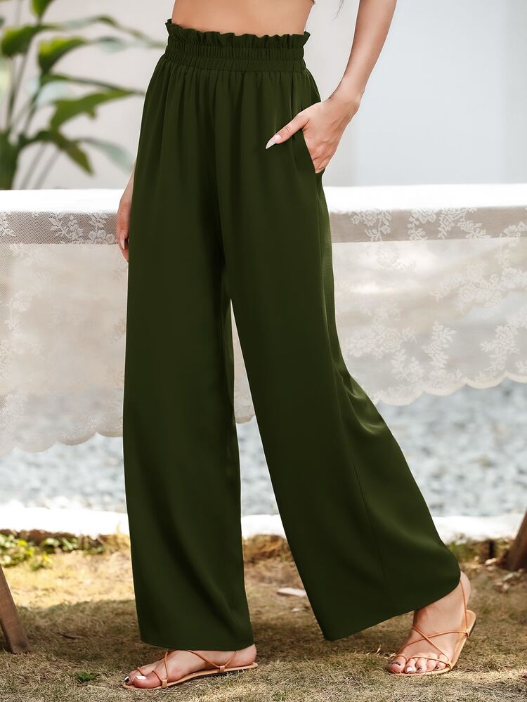 SHEIN Essnce Slant Pocket Wide Leg Pants - Army Green - View 4