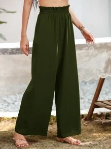 SHEIN Essnce Slant Pocket Wide Leg Trousers - Army Green - View 5