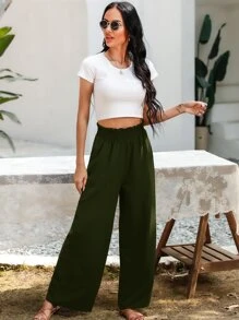 SHEIN Essnce Slant Pocket Wide Leg Trousers - Army Green - View 6