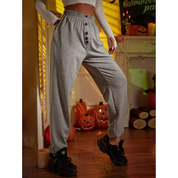

Slant Pockets Single Breasted Sweatpants, Grey