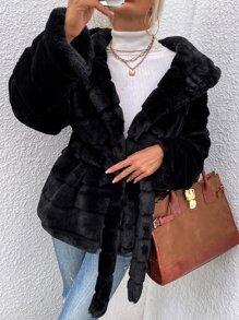 EMERY ROSE Solid Self Tie Coat - Black - View 1