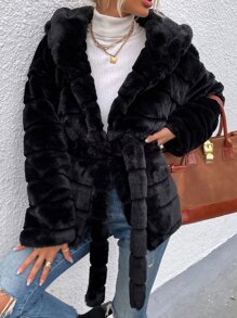 EMERY ROSE Solid Self Tie Coat - Black - View 4