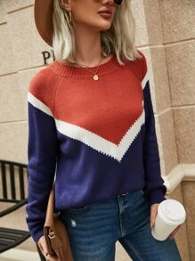 Chevron Pattern Colour Block Raglan Sleeve Jumper - Multicolor - View 1