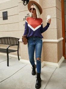 Chevron Pattern Colour Block Raglan Sleeve Jumper - Multicolor - View 3