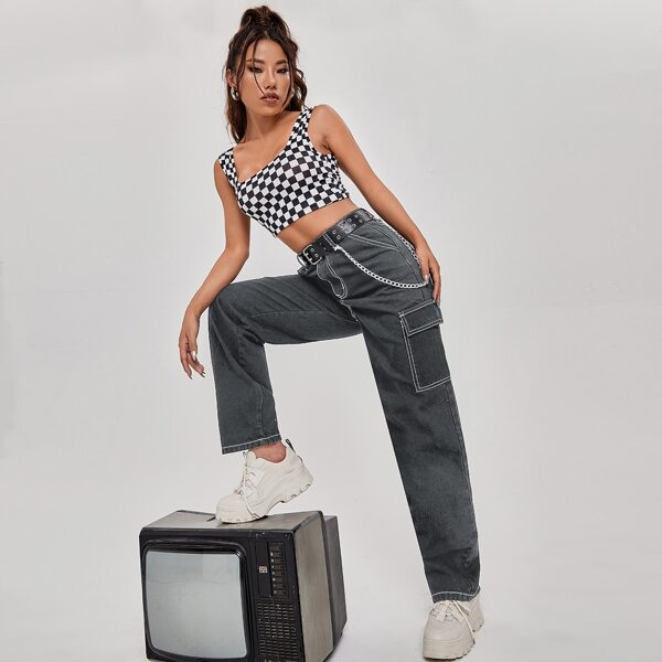 

Chain Detail Cargo Jeans With Belt, Dark grey