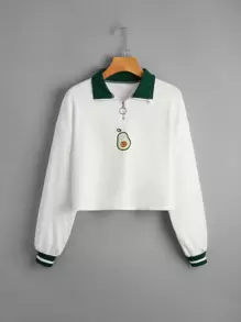 SHEIN Teen Girls Cartoon Graphic Drop Shoulder Half Zipper Placket Pullover In Fall/Winter - White - View 1