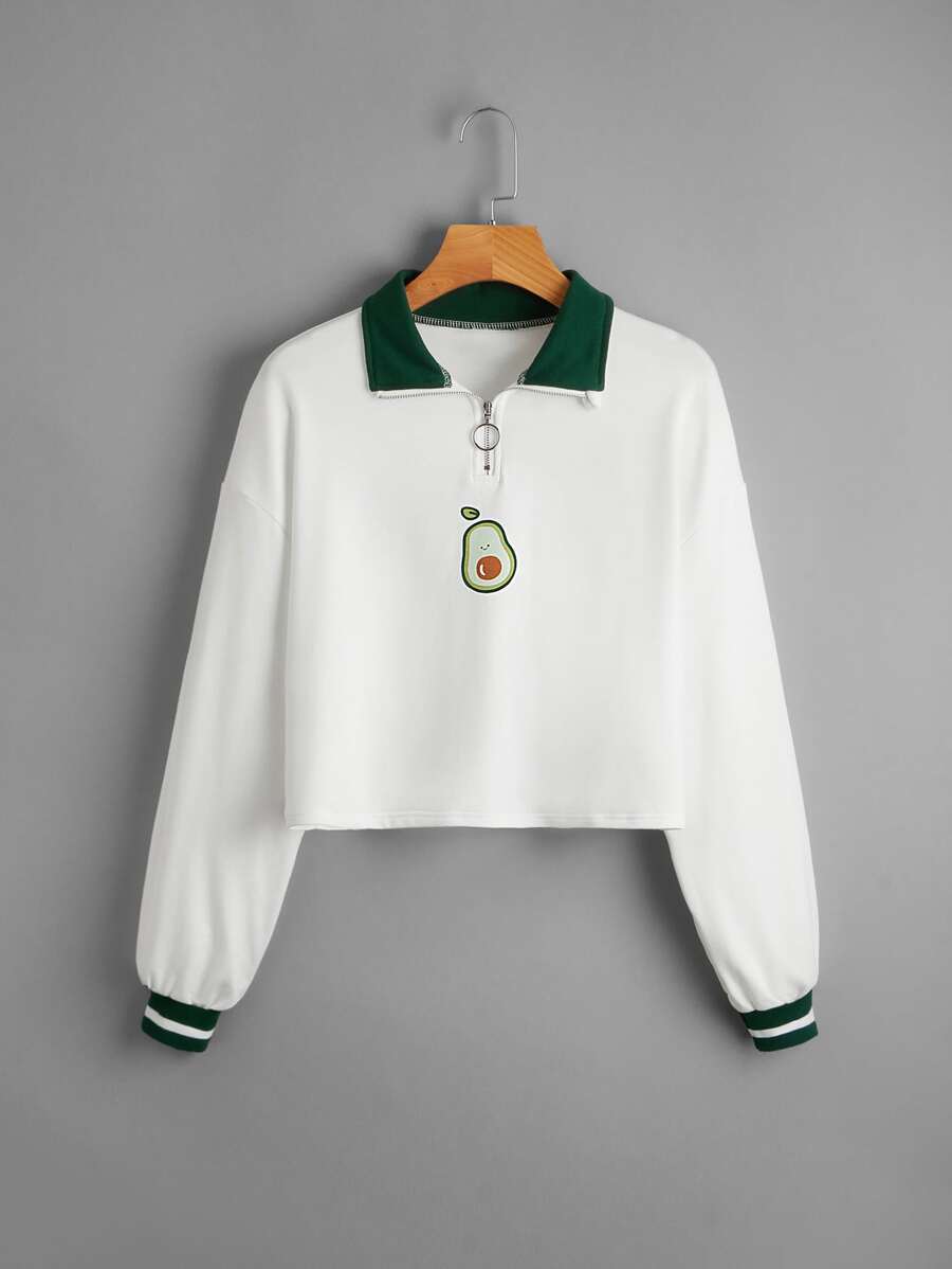 SHEIN Teen Girls Cartoon Graphic Drop Shoulder Half Zipper Placket Pullover In Fall/Winter - White - View 1