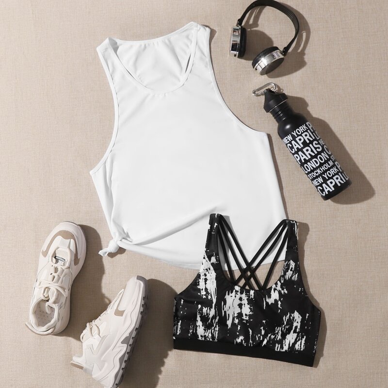 

Solid Sports Tank Top & Tie Dye Sports Bra, Black and white