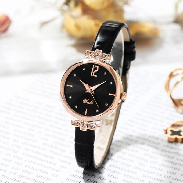 

Rhinestone Decor Round Pointer Quartz Watch