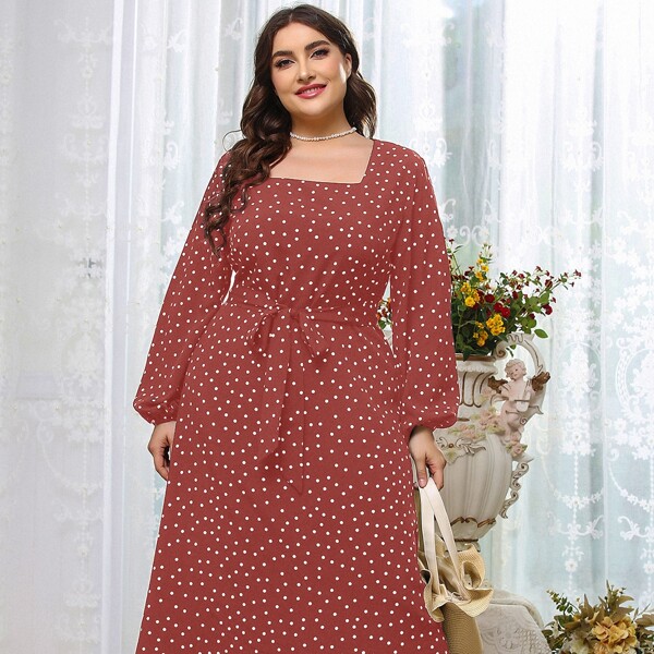 

Plus Polka Dot Square Neck A-line Dress, Dusty pink