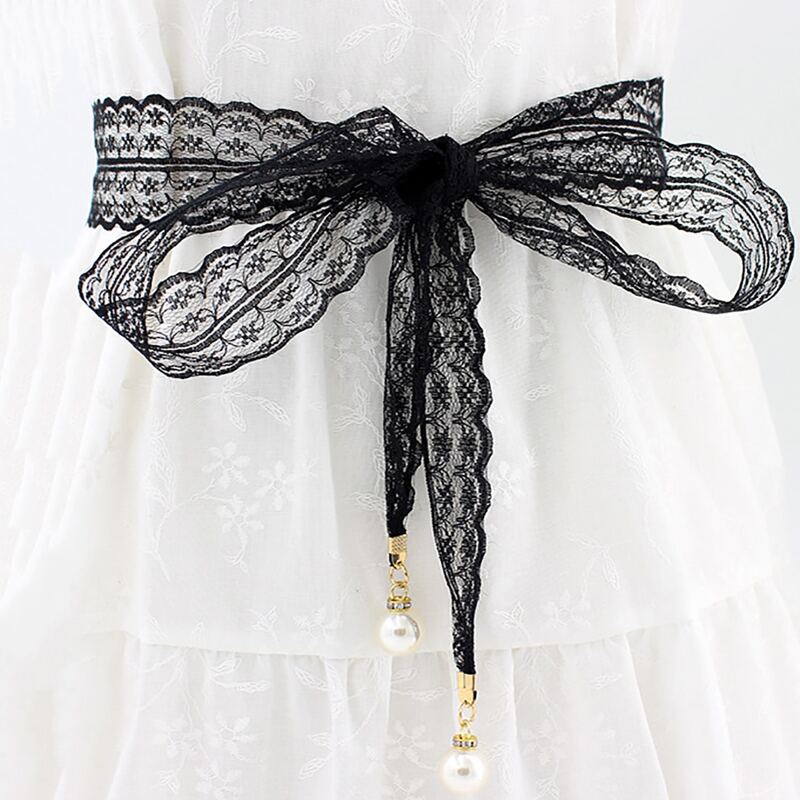 

Faux Pearl Decor Lace Belt, Black