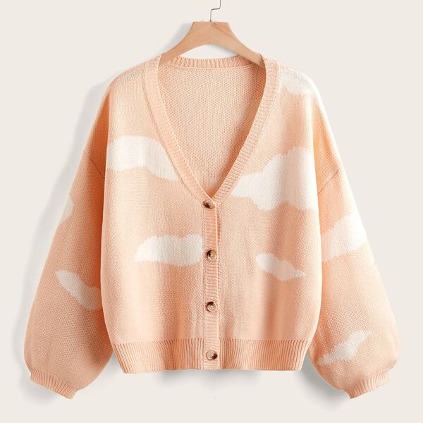 

Plus Cloud Pattern Drop Shoulder Cardigan, Baby pink
