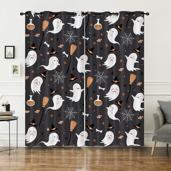 

2pcs Halloween Ghost Print Curtain, Multicolor