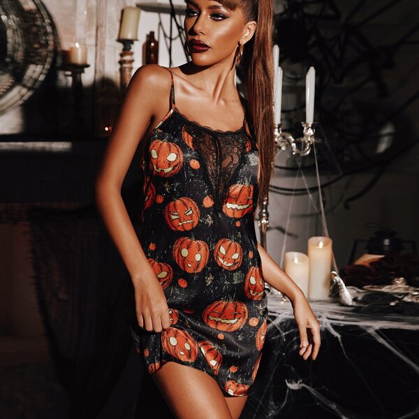 

Halloween Pumpkin Print Contrast Lace Satin Cami Nightdress, Multicolor