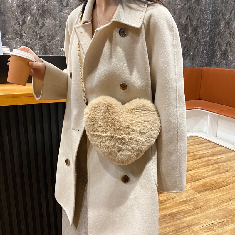 

Heart Design Fluffy Shoulder Bag, Khaki