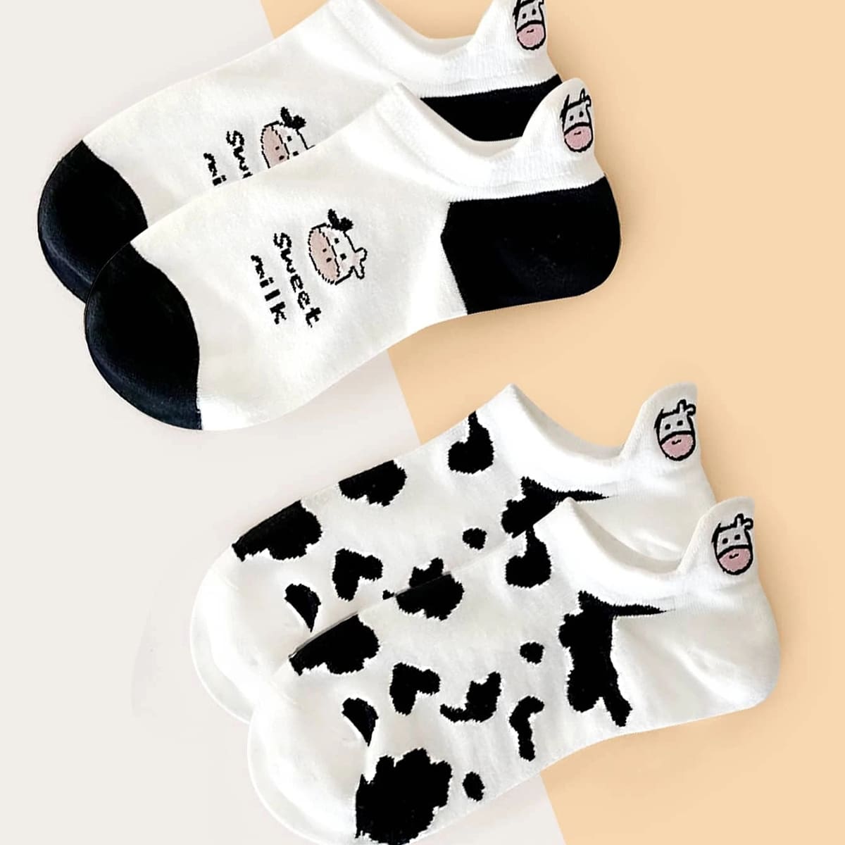 

2pairs Cow Print Ankle Socks, Black and white