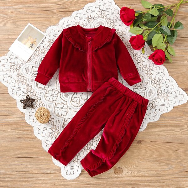 

Baby Zip Up Ruffle Trim Velvet Jacket & Pants, Burgundy