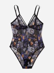 Plus Halloween Print Mesh Teddy Bodysuit - Black - View 2