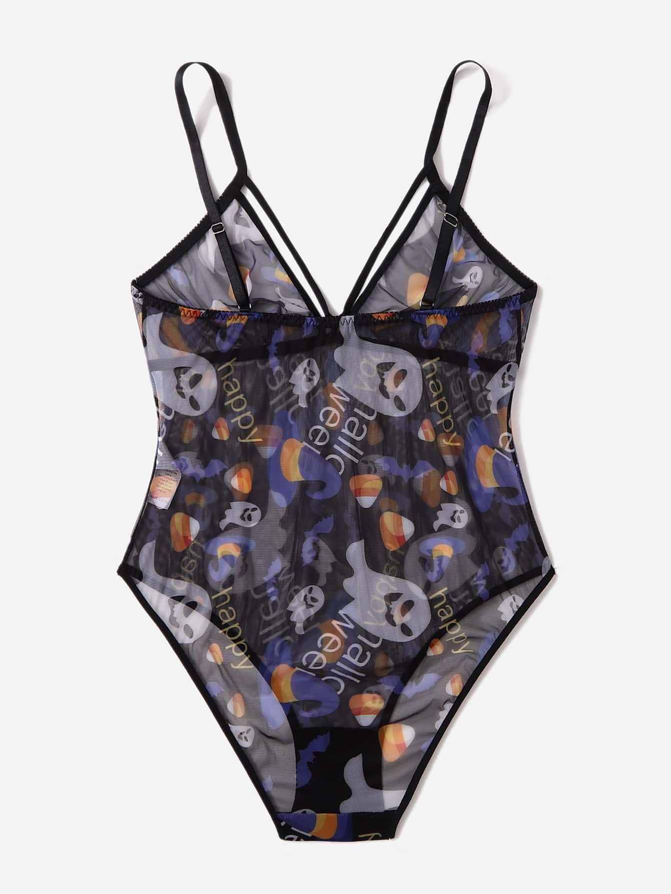Plus Halloween Print Mesh Teddy Bodysuit - Black - View 2