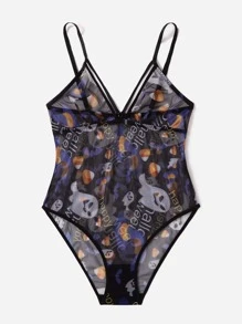 Plus Halloween Print Mesh Teddy Bodysuit - Black - View 3