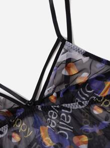 Plus Halloween Print Mesh Teddy Bodysuit - Black - View 5