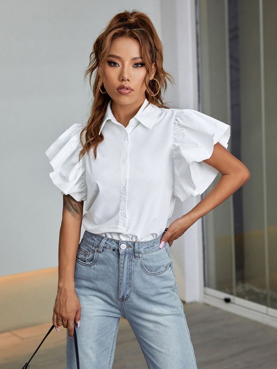 Chiquease Ruffle Sleeve Solid Shirt