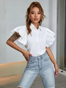 Chiquease Ruffle Sleeve Solid Shirt