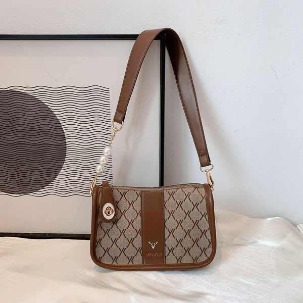 

Faux Pearl Decor Twist Lock Shoulder Bag, Brown