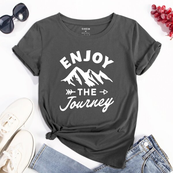 

Slogan & Mountain Print Tee, Dark grey