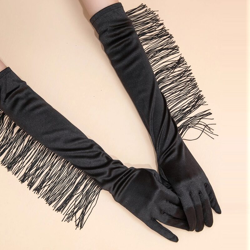 

Tassel Decor Long Gloves, Black