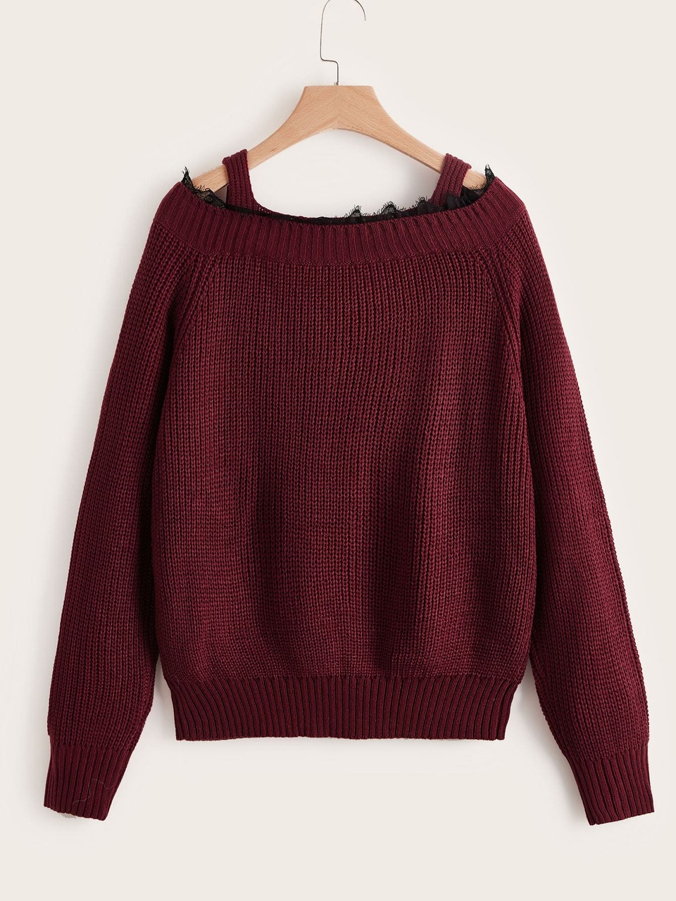 Plus Cold Shoulder Raglan Sleeve Eyelash Lace Trim Sweater