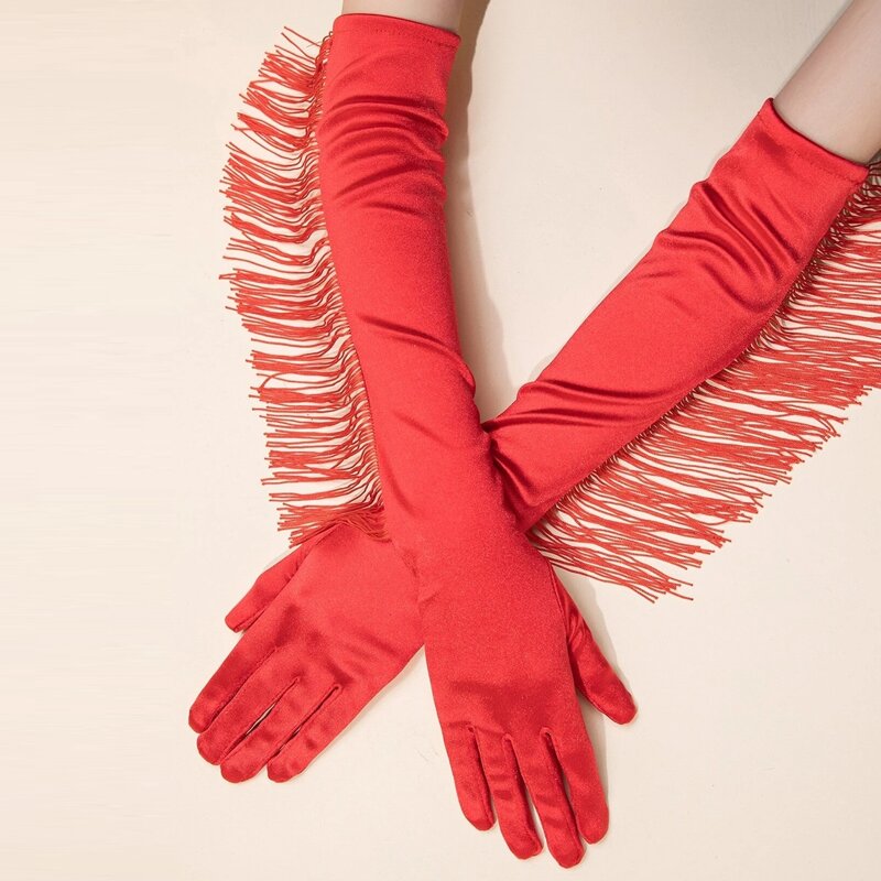

Tassel Decor Long Gloves, Red