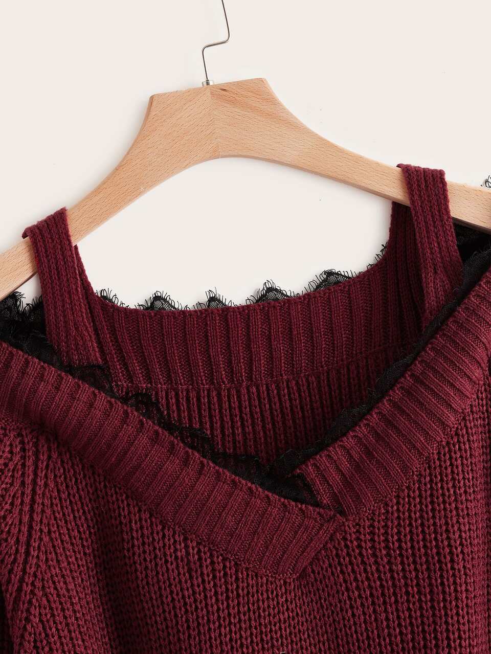 Plus Cold Shoulder Raglan Sleeve Eyelash Lace Trim Sweater