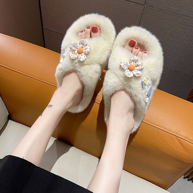 

Flower Decor Fluffy Slippers, Beige
