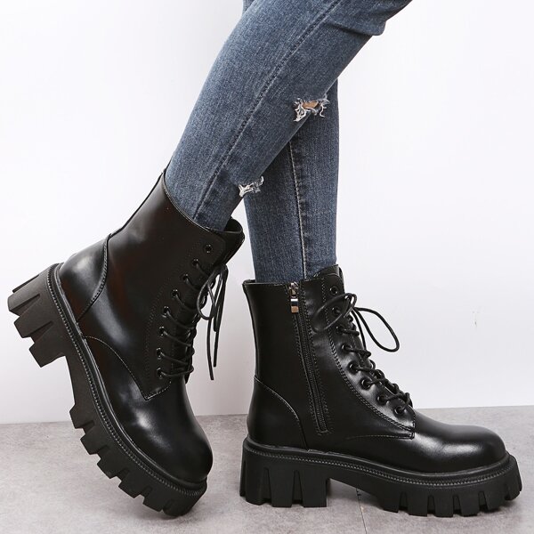 

Lace-up Front Side Zipper Chunky Combat Boots, Black