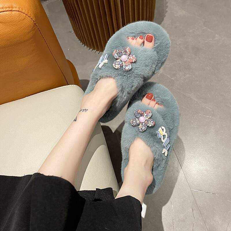 

Flower Decor Fluffy Slippers, Blue