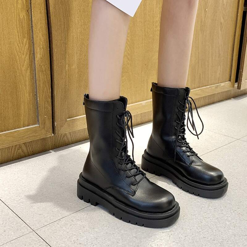 

Lace-up Front Flatform Boots, Black