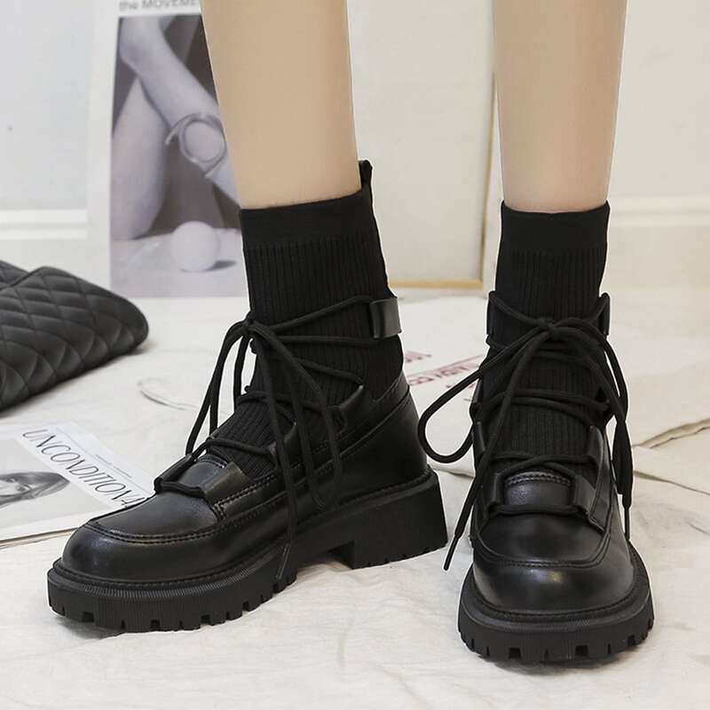 

Lace-up Front Sock Boots, Black