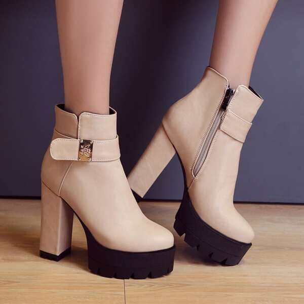 

Buckle Detail Side Zipper Platform Boots, Beige