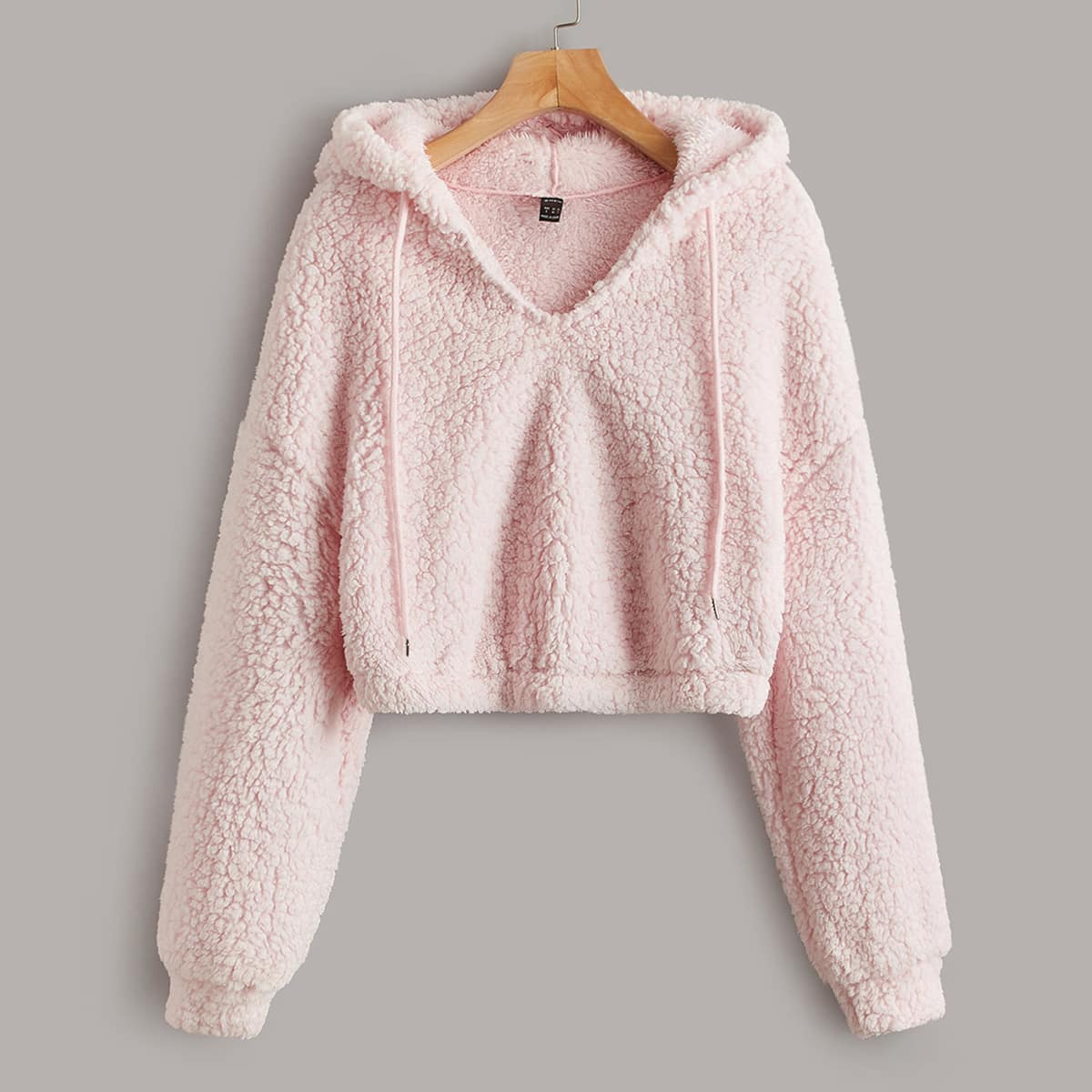 

Drop Shoulder Drawstring Teddy Hoodie, Baby pink