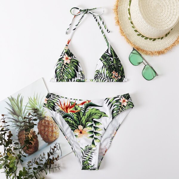 

Tropical Print Micro Triangle Bikini Swimsuit, Multicolor