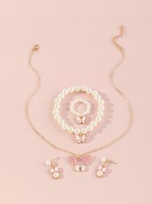 女孩5入組珍珠和蝴蝶裝飾首飾套裝