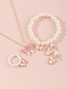 女孩5入組珍珠和蝴蝶裝飾首飾套裝
