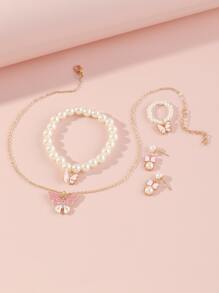女孩5入組珍珠和蝴蝶裝飾首飾套裝
